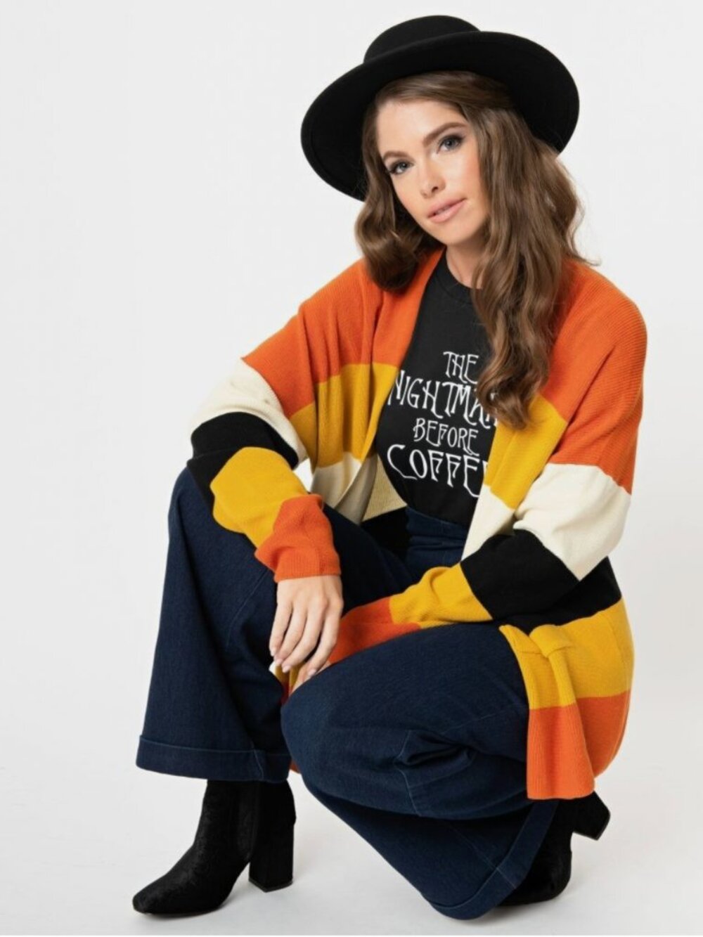 Unique Vintage Black/Orange/Yellow/White Candy Corn Striped Slouchy Cardigan